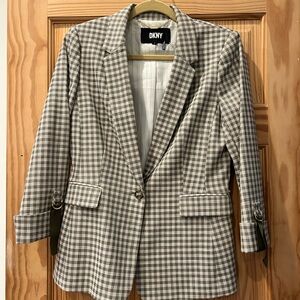 DKNY Checkered Blazer with Gold Chain Accent